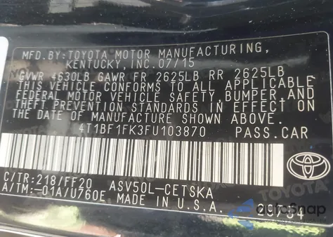 2015 Toyota Camry Se из США, поврежденный, VIN 4T1BF1FK3FU103870